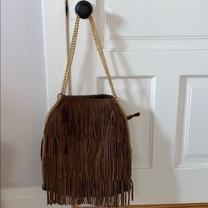 Brown suede tote Faux leather fringe tote gold chain straps brown